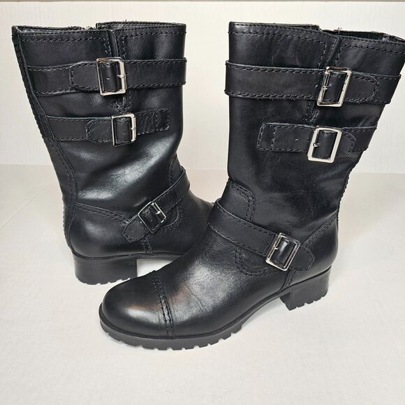 Marc Fisher Arianna Leather Mid Calf Moto Boots Black Buckle Zip Size 8M - Picture 1 of 14